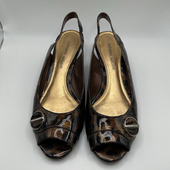 Antonio Melani Shoes Womens 8M Leopard Slingback Peep Toe Low Wedge Heel Slip On - Picture 3 of 13